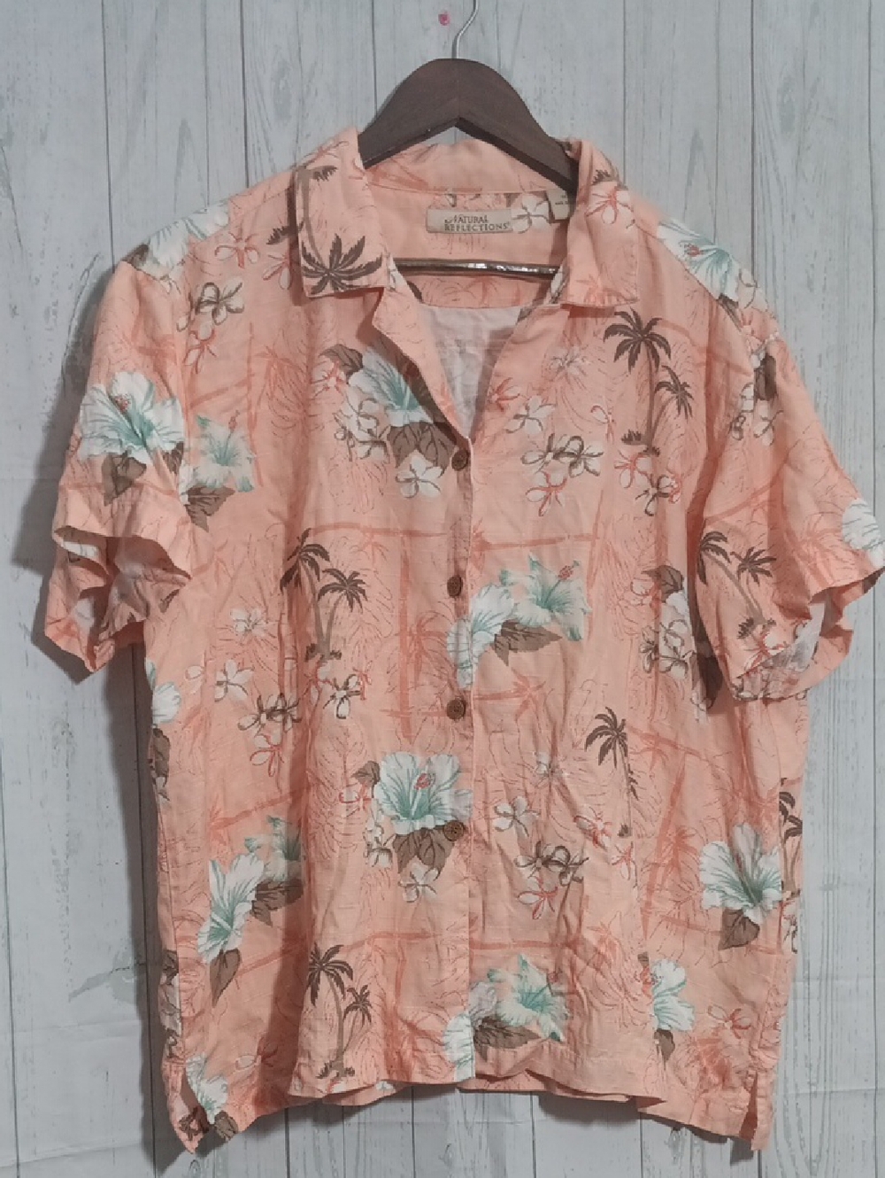 Natural Reflections Tropical Print Short-Sleeve Shirt - Peach Sz 1X Summer